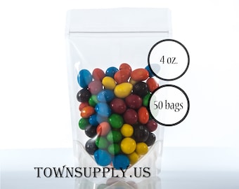 CLEARANCE 50 4 oz clear poly stand up pouches, see through packaging, food grade bags, small  packages, resealable zipper, DIY party favors