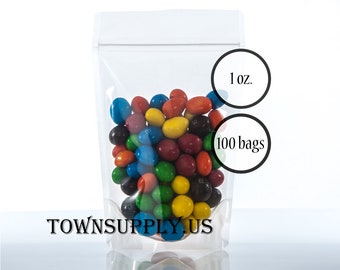 100 1 oz clear poly stand up pouches, small packaging, food grade bags, fun product samples, resealable zipper, Town Supply party favors