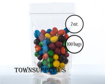 100 clear 2 oz poly stand up pouches, see through packaging, food grade bags, small product package, resealable zipper, DIY party favors