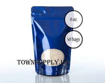 50 4 oz blue poly stand up pouches with clear oval window, holds 1.7 cups, food grade packaging supply, resealable reclosable zipper bags