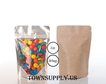 20 2 oz Kraft stand up pouch with clear front, food safe packaging supply, small foil lined resealable bags, DIY wedding favor, coffee