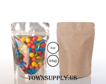 50 4 oz Kraft foil lined stand up pouch with clear front, food safe packaging, resealable bags, wedding favors, coffee tea, TownSupply