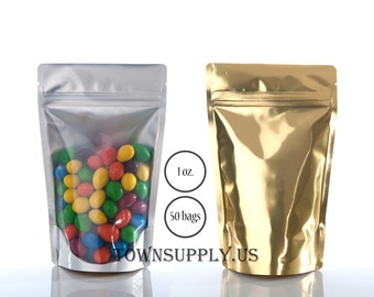 50 1 oz gold foil lined stand up pouch with clear front, food safe packaging supply, small resealable party favor bags, tea, coffee bags