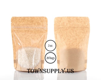 May include: Two stand-up pouches made of brown kraft paper with a clear plastic window on the front. One pouch is filled with white rice. Text on the image reads 2 oz., 20 bags, and TOWNSUPPLY.US. The pouches feature a resealable zipper top.