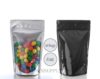 50 4 oz black foil lined stand up pouches with clear front, storage bags, food grade packaging, resealable zipper, DIY shower favor bags