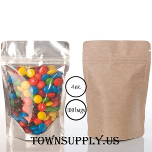 100 4 oz Kraft foil lined stand up pouch with clear front, food safe packaging supply, small resealable bags, wedding favors, coffee