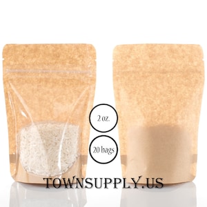 20 2 oz Kraft stand up pouch with clear front, holds .6 cup, food safe packaging, small sealable bags, wedding favors, Town Supply bags