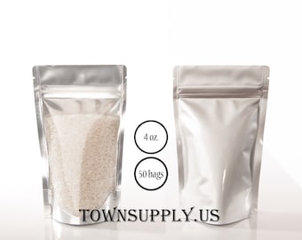 50 4 oz silver foil lined stand up pouch with clear poly front, food safe packaging supply, small resealable bag, party favor, coffee, tea