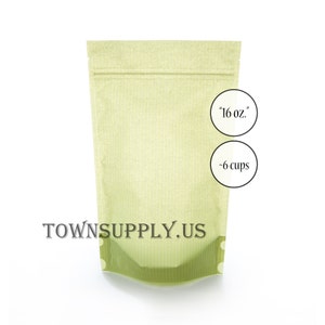 May include: A green stand-up pouch with a zipper closure. The pouch is labeled "16 oz." and "~6 cups". The text "TOWN SUPPLY.US" is printed on the front of the pouch.