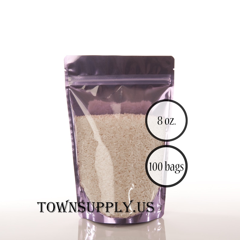 purple storage bags 100-8 oz lavender stand up pouches with clear fronts resealable food grade packaging bath scrubs wedding favors
