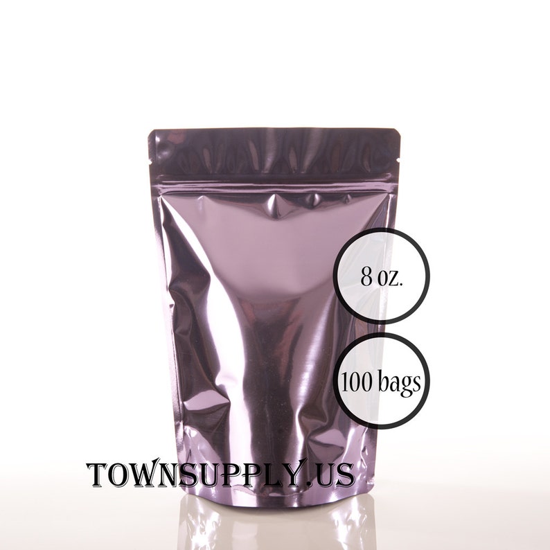 purple storage bags 100-8 oz lavender stand up pouches with clear fronts resealable food grade packaging bath scrubs wedding favors