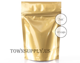 20 2 oz gold foil lined bags, food safe packaging, small resealable zip pouch, recloseable stand up bag, zipper bag, treat candy pouches