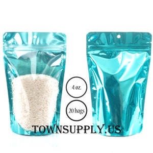 May include: Twenty 4-ounce turquoise stand-up pouches with a zipper closure and a hang hole. The pouches are made of a clear, shiny material and are perfect for packaging food or other products.