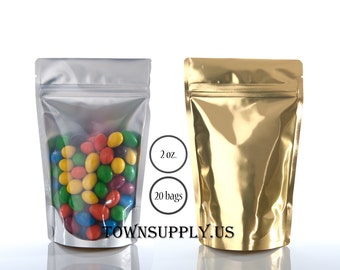 20 2 oz gold foil lined stand up pouches with clear front, storage bags, food grade packaging, resealable zipper package, DIY favor bags