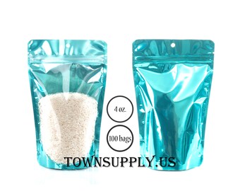 100 4 oz teal stand up pouches with clear front and hang hole, storage bags, food grade packaging, resealable cookie bags, party favors