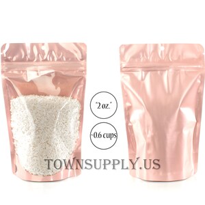 50 2 oz rose gold stand up pouches with clear front, small storage bags, food safe zipper packaging, wedding favors, candy, Town Supply