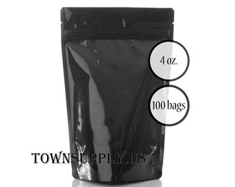 100 4 oz black stand up pouches foil lined black storage bags, food grade packaging supplies, resealable zipper, wedding party favor bags