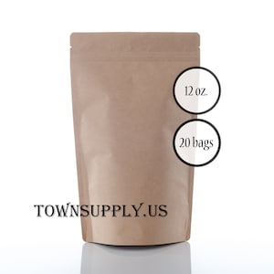 20 12 oz Kraft stand up pouches holds 5.2 cups, food safe packaging, large resealable zipper bags, reclosable, Town Supply, zip close bag