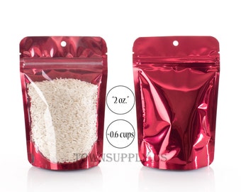 20 2 oz red stand up pouches with clear front holds .6 cup, small storage bags, food safe zipper packaging, wedding favors, Town Supply