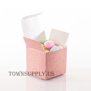 12 rose gold glitter wedding favor boxes, 2&quot; x 2&quot; x 2&quot; pink folding gift box, DIY party treat favor boxes, small candy box, Town Supply