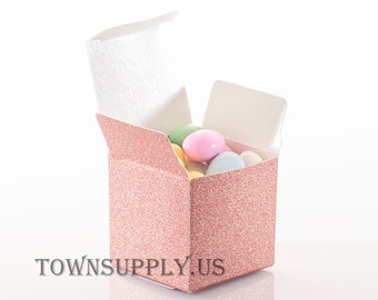 12 rose gold glitter wedding favor boxes, 2" x 2" x 2" pink folding gift box, DIY party treat favor boxes, small candy box, Town Supply