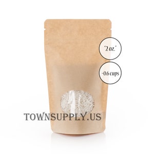 100 2 oz natural Kraft stand up pouches with clear oval window, food grade bag, resealable product packaging bags, zipper bag, TownSupply