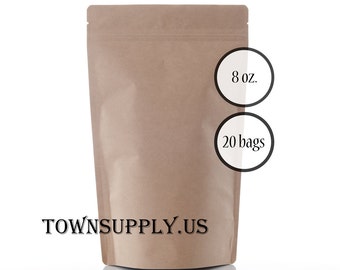 20 8 oz foil lined Kraft stand up pouches, holds over 3 cups, food safe bags, heat sealable zipper pouch, closeable package, TownSupply Etsy