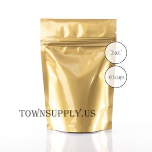 50 2 oz gold stand up pouch, food safe packaging bags, small resealable bags, recloseable foil lined bags, zip bag packaging, Town Supply
