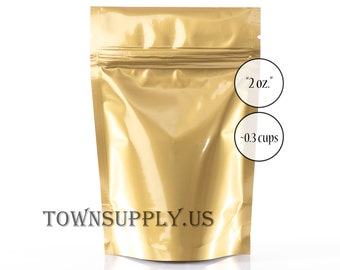50 2 oz gold stand up pouch, food safe packaging bags, small resealable bags, recloseable foil lined bags, zip bag packaging, Town Supply