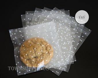 50  5 x 5 frosted polka dot print polypropylene sealable bags - cookie bags - food safe adhesive flap seal - soap packaging - baked goods