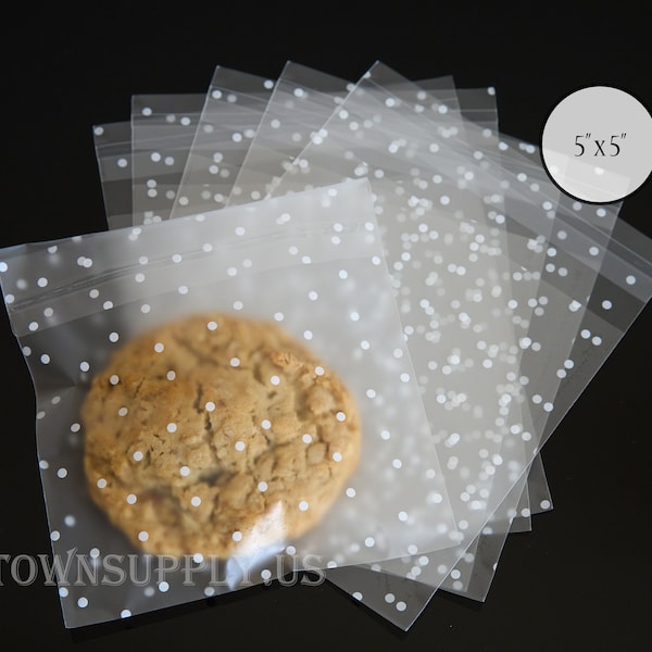 50  5 x 5 frosted polka dot print polypropylene sealable bags - cookie bags - food safe adhesive flap seal - soap packaging - baked goods