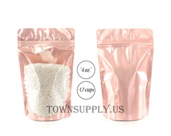 100 4 oz rose gold stand up pouches with clear front, pink storage bags, food grade packaging, resealable zipper, DIY shower favor bag