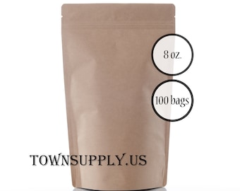 100 8 oz Kraft stand up storage bags, food safe foil lined packaging, resealable zipper pouch, reclosable package, coffee tea favor bags
