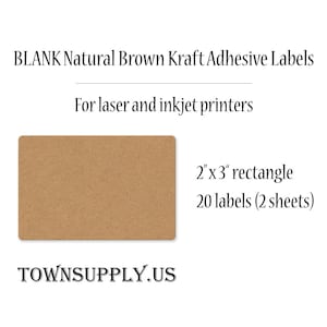 May include: A sheet of 20 blank, brown kraft adhesive labels, measuring 2 inches by 3 inches. The labels are suitable for use with laser and inkjet printers. The text "TOWNSUPPLY.US" is printed on the bottom of the image.
