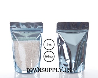 50 4 oz blue stand up pouches with clear front, storage bags, food grade packaging, resealable zipper, DIY shower favor bags, Town Supply
