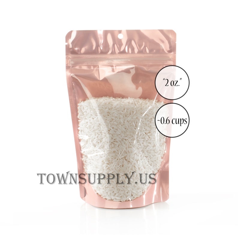 food packaging wedding favors Town Supply 20-2 oz rose gold stand up pouches with clear front resealable zipper small storage bags