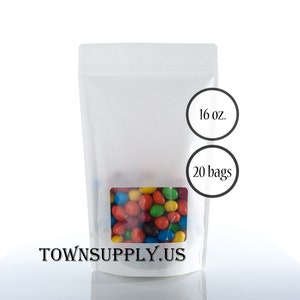 20 16 oz white Kraft paper stand up pouches with clear window food grade bags, product packaging resealable zipper, recloseable party favors