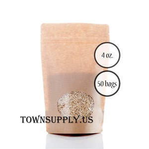50 4 oz Kraft paper stand up pouches with clear oval window, food grade bags, small product package, resealable zipper, packaging supply