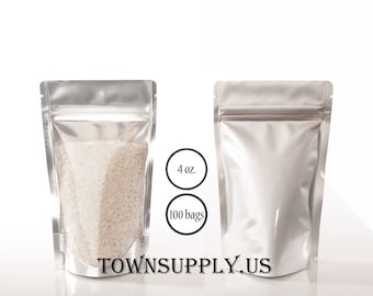 100 4 oz silver foil lined stand up pouches with clear poly front, food safe packaging supply, resealable bag, party favor, coffee, tea