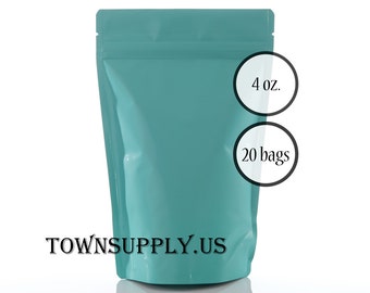 20 4 oz matte turquoise stand up pouches, foil lined storage bags, food safe packaging, small resealable aqua blue package, food grade