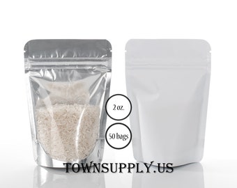 50 2 oz white foil lined stand up pouch with clear poly front, food safe packaging supply, small resealable bag, DIY wedding favor, coffee