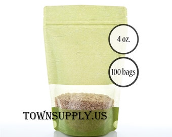 100 4 oz green rice paper stand up pouches with window, food grade packaging, resealable zipper bag, recloseable storage, DIY party favors
