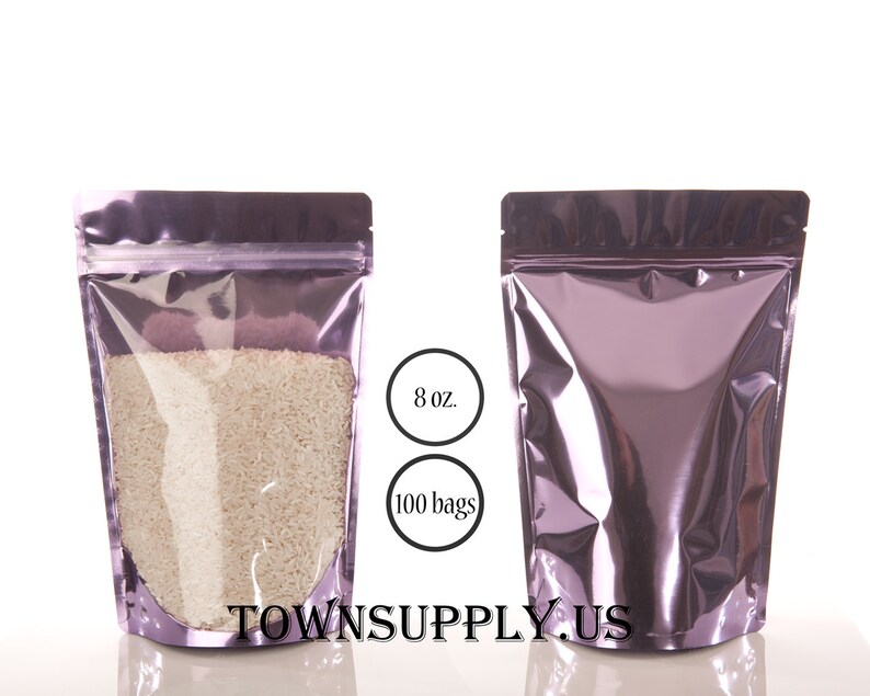 purple storage bags 100-8 oz lavender stand up pouches with clear fronts resealable food grade packaging bath scrubs wedding favors