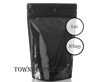 20 8 oz black stand up pouches, foil lined black storage bags, food grade packaging supplies, resealable zip pouch package, cookie bags