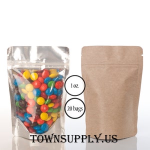 20 1 oz Kraft foil lined stand up pouch with clear front, food safe packaging supply, small resealable bags, DIY wedding favors, samples