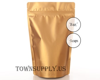 50 8 oz matte gold stand up pouches, foil lined storage bags, food safe packaging supply, resealable zip bag, zipper package, coffee bags