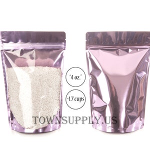 May include: Two metallic pink stand-up pouches, one filled with white grains. The clear front panel reveals the contents. The text "4 oz." and "~1.7 cups" is in a circle. The website "TOWNSUPPLY.US" is printed on the bottom.
