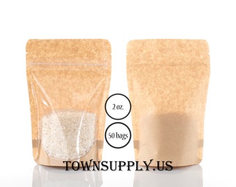 May include: Two stand-up pouches made of brown kraft paper with a clear plastic window on the front. One pouch is filled with white rice. Text on the image reads 2 oz., 50 bags, and TOWNSUPPLY.US. The pouches feature a resealable zipper top.