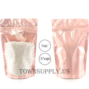 20 4 oz rose gold stand up pouches with clear front and hang hole, storage bags, food grade packaging, resealable, dusty pink party favors