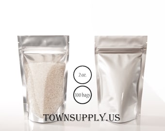 100 2 oz silver foil lined stand up pouch with clear poly front, food safe packaging supply, small resealable bag, coffee or tea storage bag